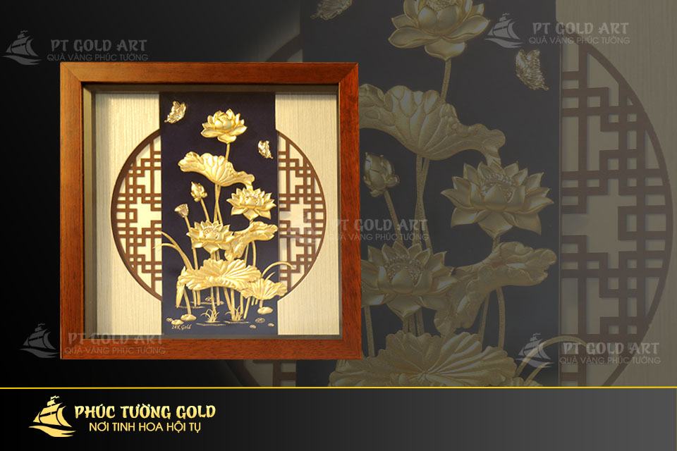 3D lotus flower painting inlaid with 24k gold