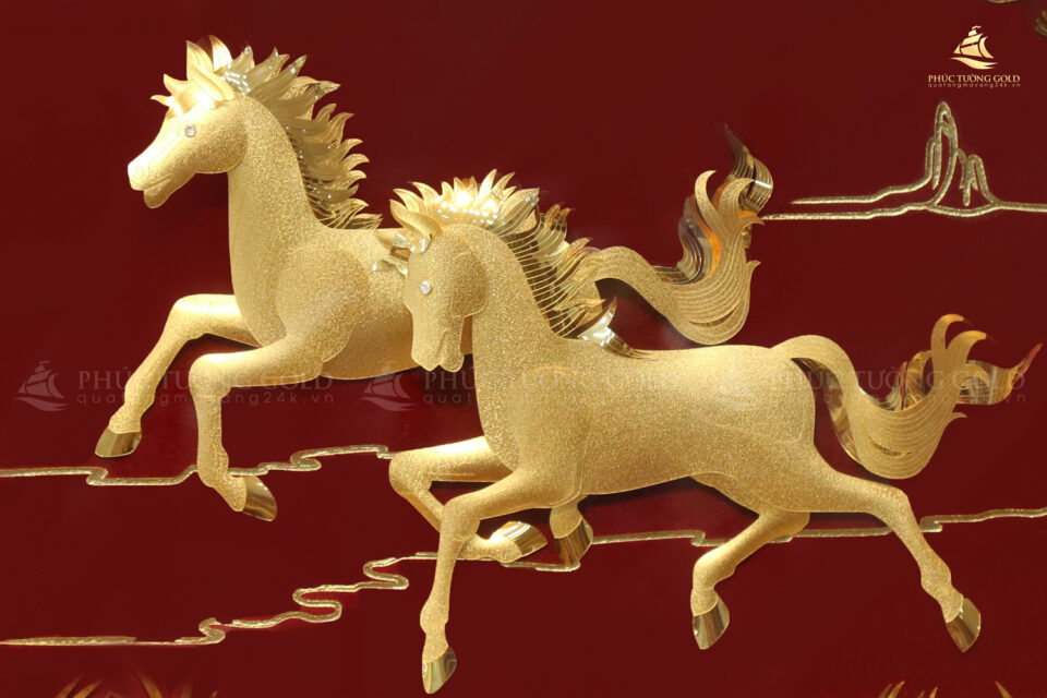 Bức tranh song mã (2 con ngựa) vàng lá 24k 8