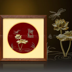 Tranh hoa sen mạ vàng 24k để bàn – HS01 nền đỏ